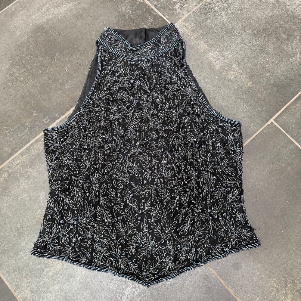 Papell Boutique Beaded Evening Top PM Charcoal Y2K Formal